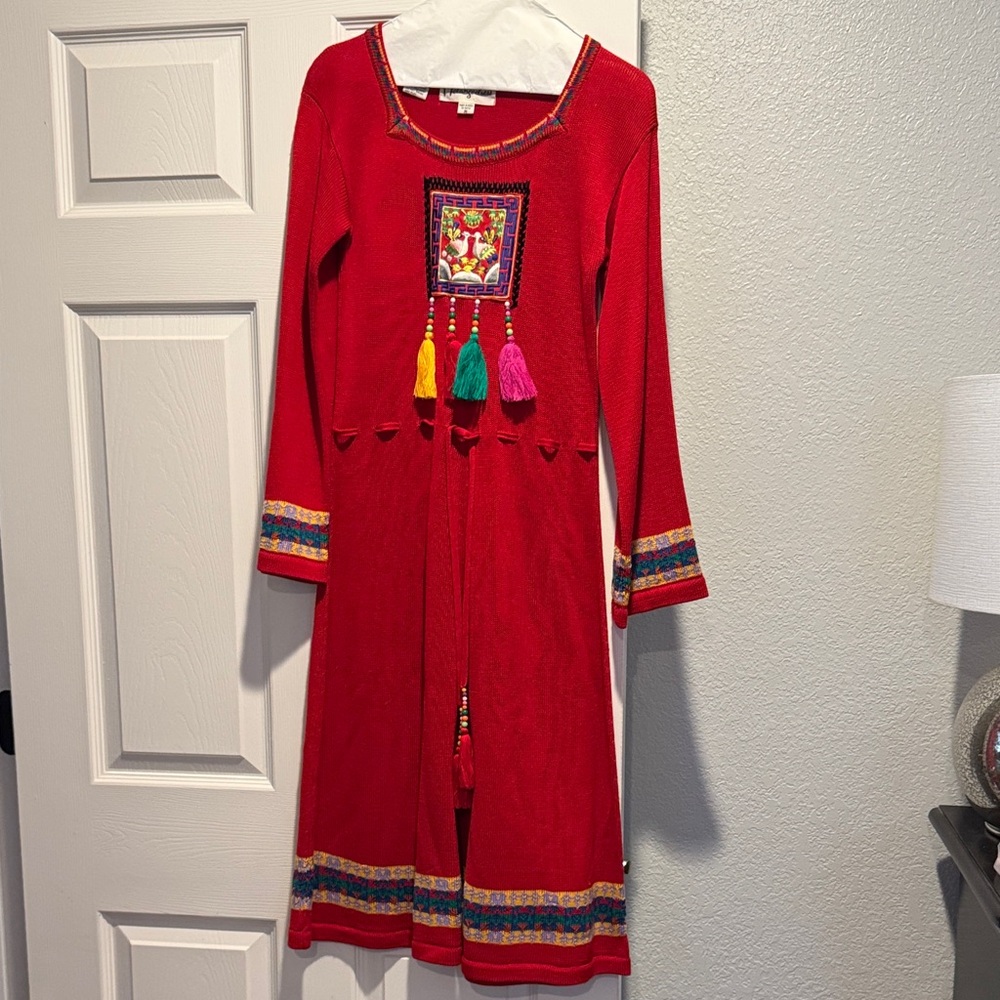 Melange Red Dress with Multicolor Tassels